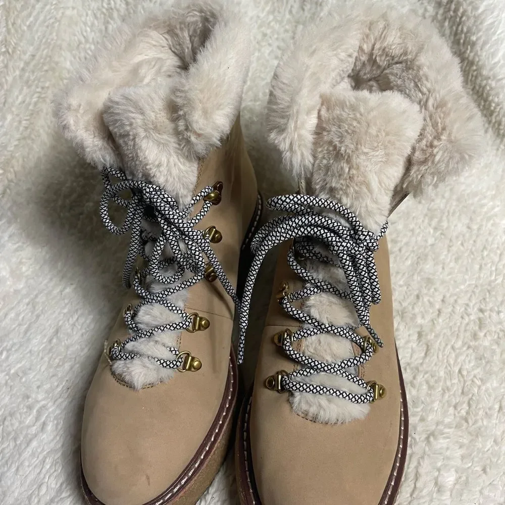 J Crew Wedged Synthetic Nubuck Khaki lace up boots Faux fur lining SZ10